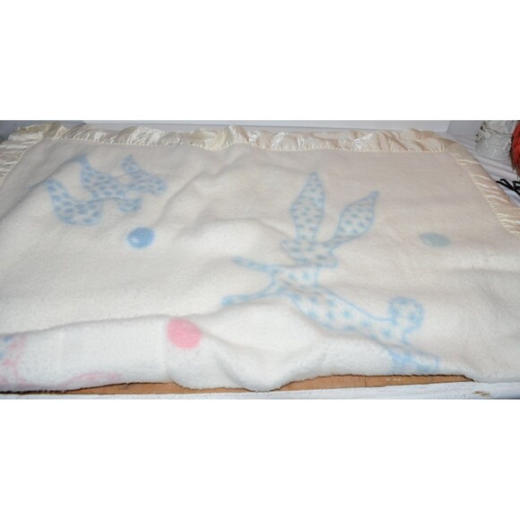 Vtg Baby Chatham Animals Rabbit Cat Bird Lamb Wool Baby Blanket Satin Edge - Picture 2 of 11